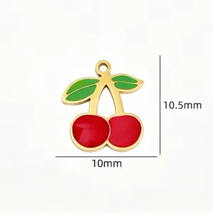 Stainless steel cherry pendant detail, vibrant enamel colors, ideal for DIY handmade jewelry making.