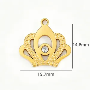 Stainless steel crown pendant with rhinestone, DIY jewelry accessory, size 14.8x15.7mm