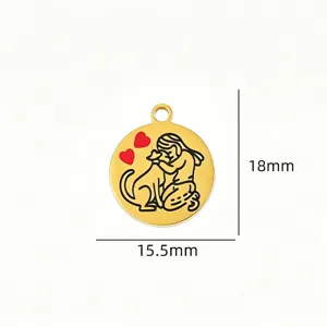 Gold round pet charm pendant with cute woman and dog hug design for DIY jewelry making.