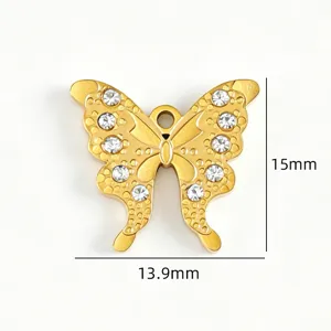 Gold stainless steel butterfly pendant with clear rhinestones DIY jewelry accessory 15mm