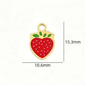 Titanium steel strawberry charm pendant, red enamel detail with gold leaves, size 15.3x10.6mm.