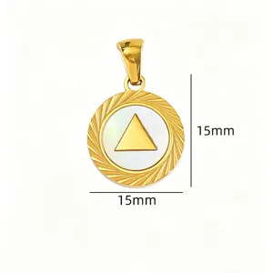 Gold stainless steel mother of pearl round triangle pendant detail view 15mm DIY jewelry accessory.