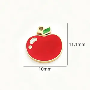 Stainless steel red apple charm with green leaf enamel pendant for DIY jewelry making 10mm