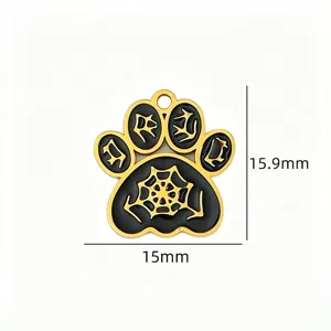 Titanium steel black and gold pet paw pendant with spider web detail, DIY necklace accessory.