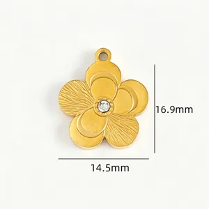 Pendentif fleur sculpté en acier inoxydable doré avec cristal central scintillant pour bijoux DIY