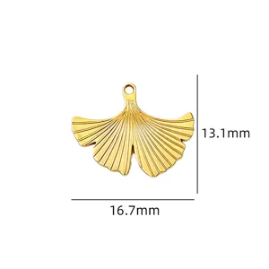 Gold ginkgo leaf pendant detail view, 13.1x16.7mm stainless steel DIY jewelry charm.