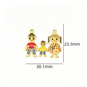 Detailed view of the family of three metal enamel DIY pendant, showing cute cartoon figures.