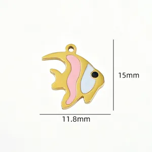 Stainless steel tropical fish charm detail, pink and white enamel, DIY jewelry accessory.