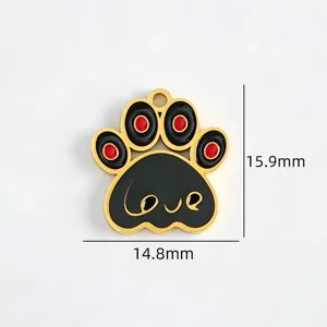 Gold titanium steel pet paw pendant with black red enamel and love engraving DIY jewelry making