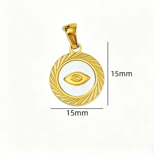 Close-up of a 15mm gold titanium steel evil eye pendant detail, ideal for DIY jewelry.