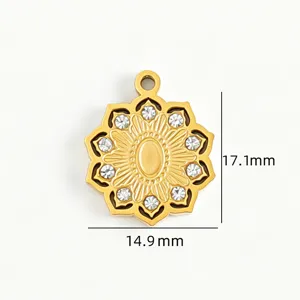 Pendentif fleur en acier inoxydable style chinois sculpté avec strass pour collier
