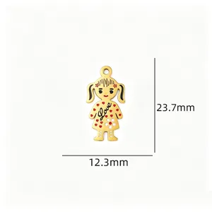 Gold girl shape pendant DIY jewelry accessory with red enamel hearts and love text detail.