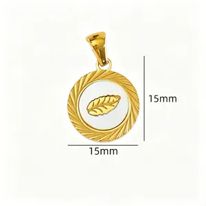 Golden titanium steel mother-of-pearl round pendant leaf charm for DIY necklace 15mm.