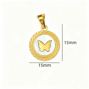 Gold titanium steel round mother of pearl pendant with butterfly charm for DIY jewelry 15mm
