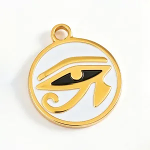 Gold-plated Eye of Horus pendant with white enamel round design for DIY jewelry making.