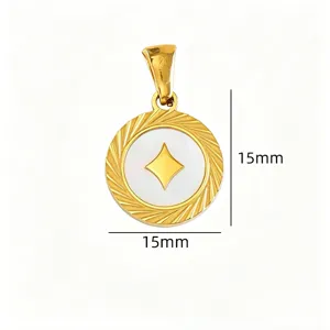 Mother-of-pearl round pendant detail view, gold titanium steel charm, 15mm size feature.
