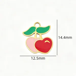 Detailed view of titanium steel cherry pendant with enamel red pink heart fruit design DIY charms