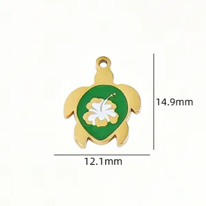 Stainless steel turtle green enamel flower pendant DIY jewelry accessory detail closeup