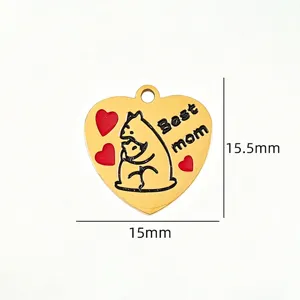 Stainless steel heart pendant with mother bear design, ideal for DIY necklaces and pet jewelry.