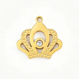 Gold stainless steel crown pendant with sparkling rhinestone for DIY jewelry making.