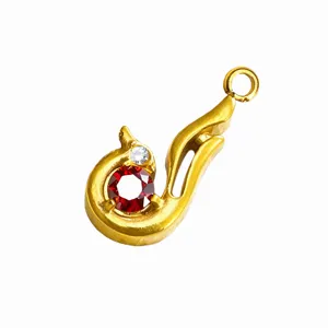 Gold bird pendant with red gemstone and white zirconia, DIY jewelry accessory charm for necklace.