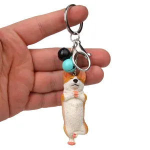 Schluesselanhaenger mit Suesser Yoga Corgi Figur Glocken und Karabiner fuer Handtasche.