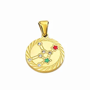 Exquisite constellation pendant detail, stainless steel gold plated with crystal stars charm.