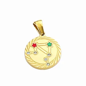 Stainless steel gold zodiac constellation star pendant close-up, jewelry accessory DIY making.