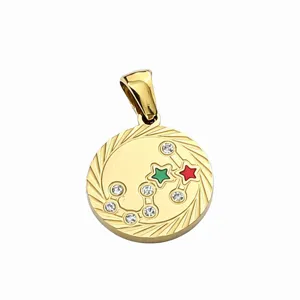 Gold stainless steel constellation pendant detail, crystal inlaid round charm for DIY necklace.