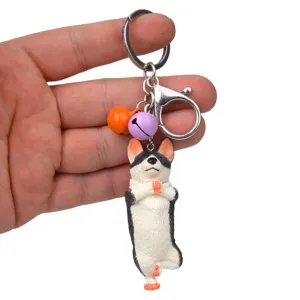 Süßer Yoga-Hund Schlüsselanhänger mit bunten Glocken, Metallverschluss und Ring für Taschen.