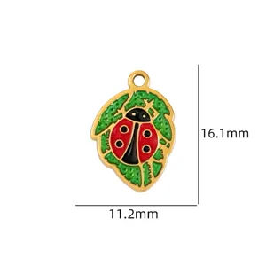 Vergoldeter Emaille Marienkaefer Blatt Anhaenger Detail, DIY Halskette Schmuck Zubehoer.