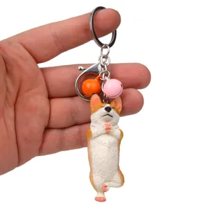 Corgi Yoga Hund Schlüsselanhänger Detailansicht, süßer Tier Schlüsselring mit Glocken und Karabiner.