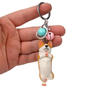 Corgi Yoga Hund Schlüsselanhänger Detail, süßer Harz Tier Anhänger mit Glocke und Karabiner.