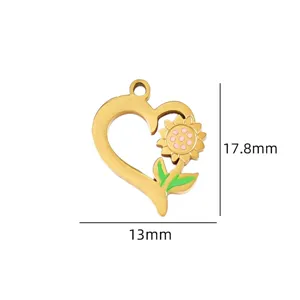 Gold heart sunflower metal pendant charm for DIY handmade bracelet necklace jewelry making.