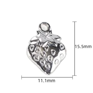 Silver metal 3D strawberry charm pendant DIY jewelry accessory, size 15.5x11.1mm for necklace.