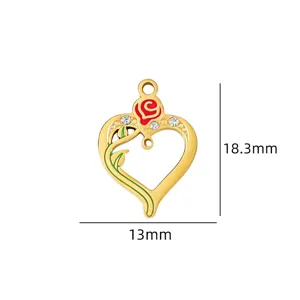 Gold heart flower pendant charm with red rose and crystal DIY jewelry making accessory 18mm