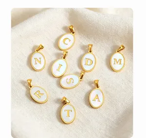 Stainless steel white shell mother of pearl letter oval pendant DIY necklace jewelry accessories