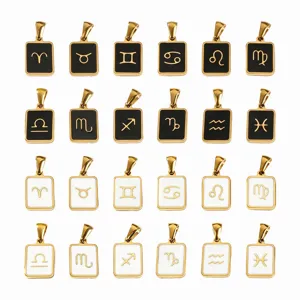 Titanium Steel Gold Plated Zodiac Sign Pendant Rectangle Oil Drop Constellation Charms For Handcrafted DIY Necklace Making