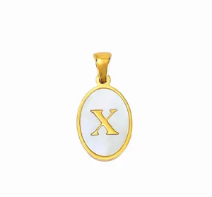 Gold plated stainless steel oval white mother of pearl letter X pendant necklace jewelry