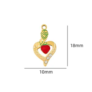 Gold heart flower charm pendant red enamel rhinestone DIY necklace bracelet jewelry making 18x10mm