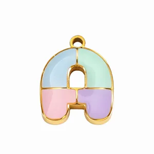 Gold-rimmed alloy enamel letter A pendant charm, colorful pastel DIY jewelry accessory.