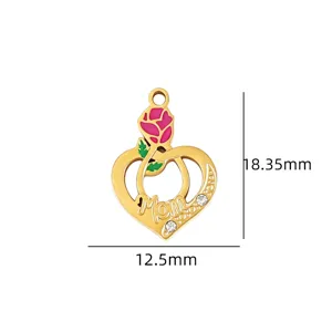 Gold tone mom heart rose pendant DIY jewelry charm accessory size 18.35x12.5mm