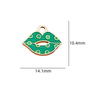 Green lip enamel charm pendant for DIY jewelry making, cute polka dot design accessory.