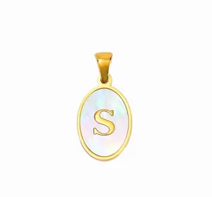 Detail view of the elegant oval mother of pearl pendant featuring a gold letter S inlay.