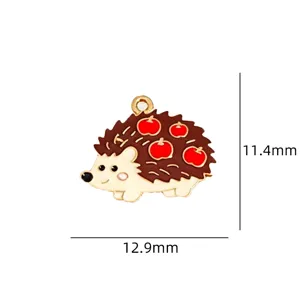 Cute enamel hedgehog charm with red apples DIY jewelry accessory pendant size 11.4x12.9mm