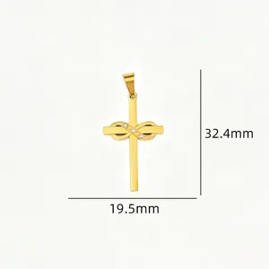 Goldfarbener edelstahl kreuz anhänger mit unendlichkeitszeichen und zirkonia 32,4x19,5mm.