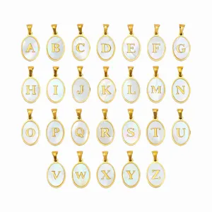 Stainless Steel Gold Plated Alphabet Initial Alphabet Oval Charm Artificial Pearl Inlaid Initial Letter Shell Pendant For DIY Jewelry Making Necklace Accessories