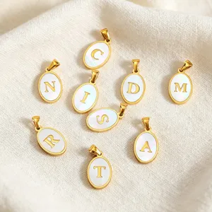 Stainless steel white mother-of-pearl oval initial pendant DIY necklace jewelry accessory