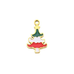 Christmas tree titanium steel enamel pendant detail, gold edge colorful DIY jewelry accessory.