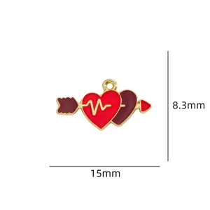Enamel heart arrow pendant detail showing size measurements 15mm by 8.3mm for DIY jewelry.
